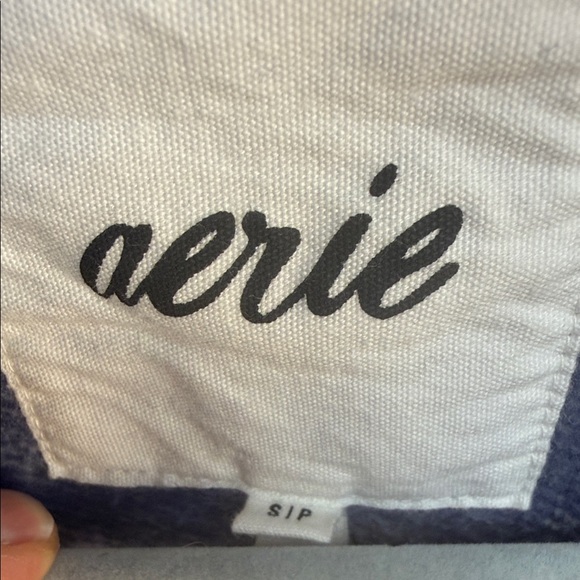 Aerie Oversized Heavy Flannel Striped Shirt Jacket Cream Blue Mustard Small - Picture 3 of 16